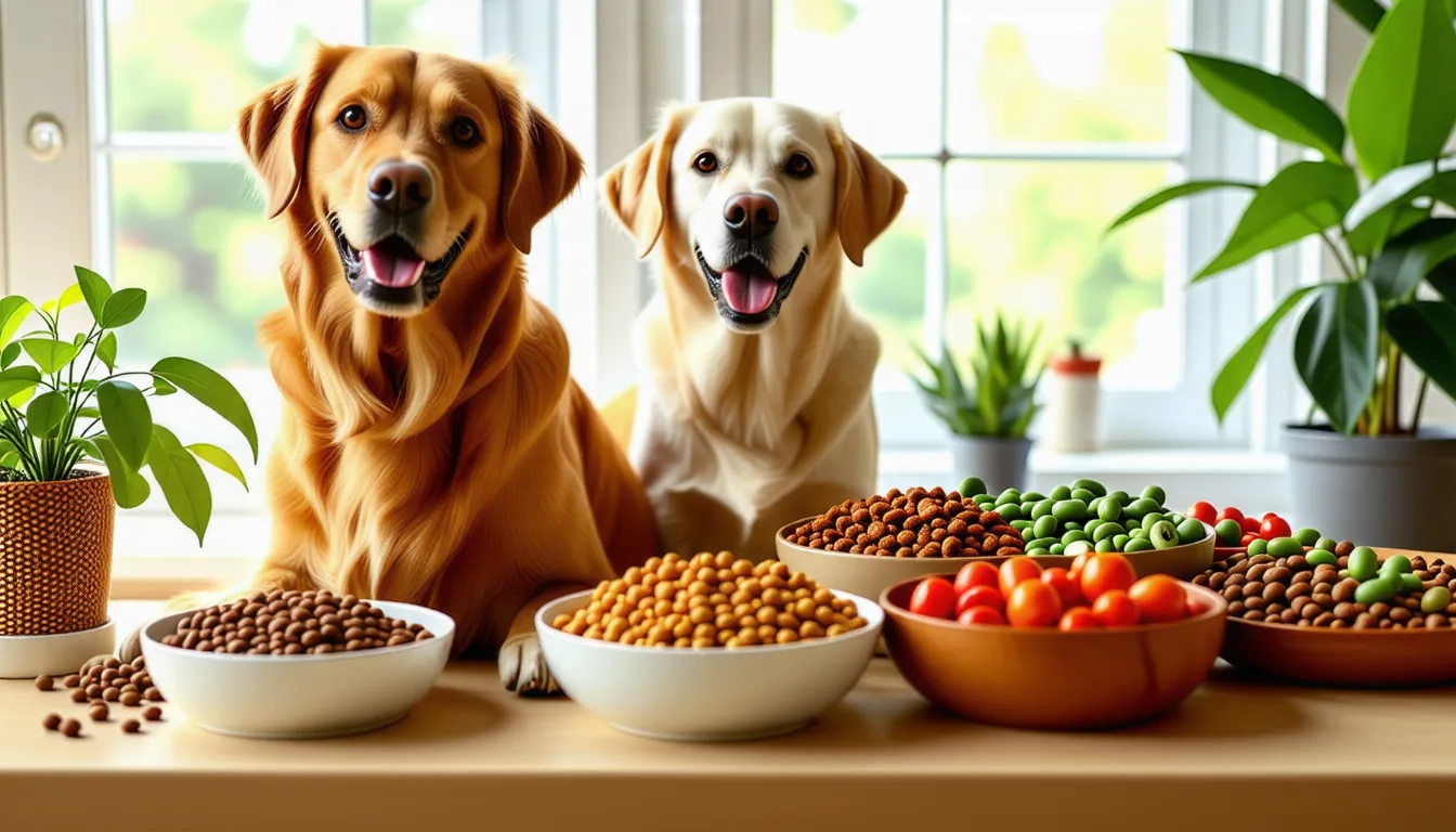 Gamelle de croquettes posée près d'une balance de cuisine, chien attendant son repas