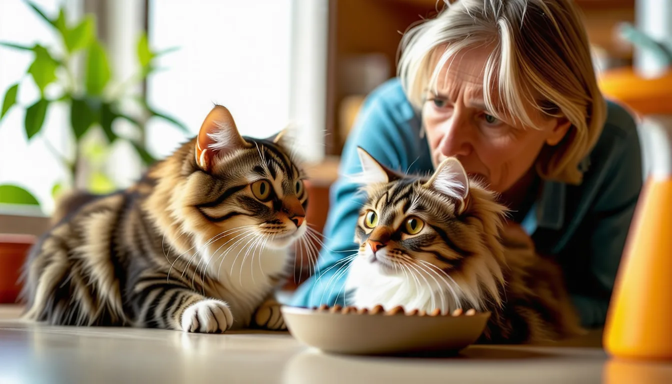 Chat détourné de sa gamelle de croquettes restée pleine, sur un carrelage