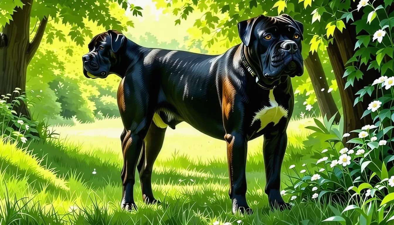 Cane Corso bringé debout à côté de sa gamelle de croquettes
