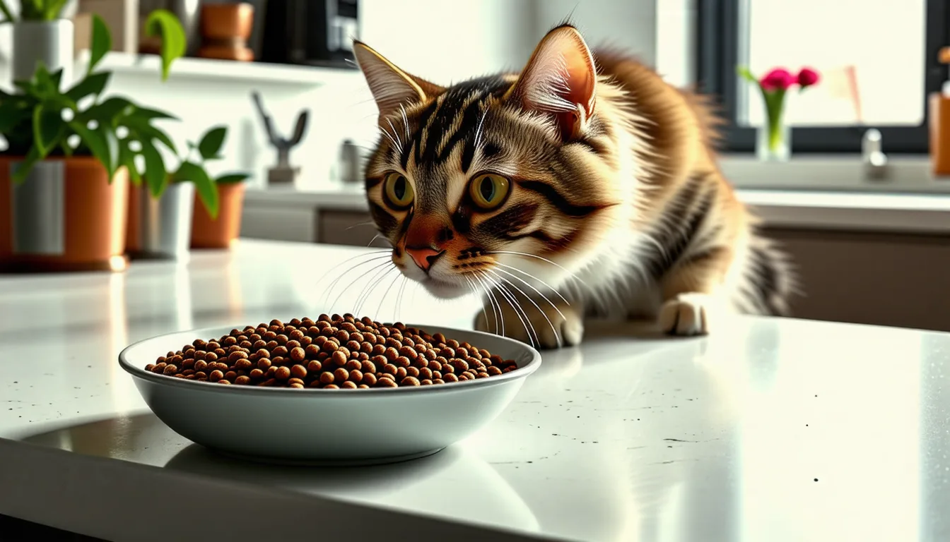 Croquettes brunes dans une gamelle et chat gris qui les renifle