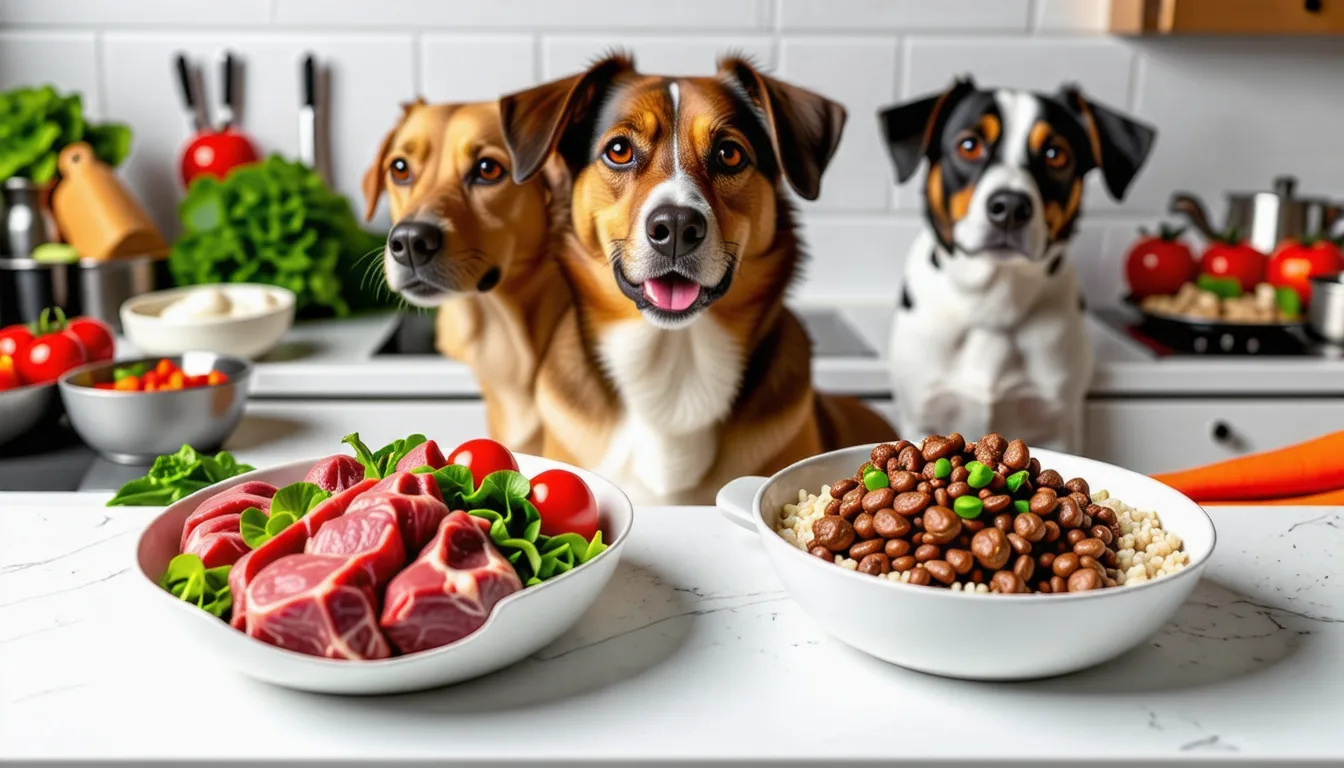Morceaux de viande crue et viande cuite posés côte à côte sur une planche de cuisine