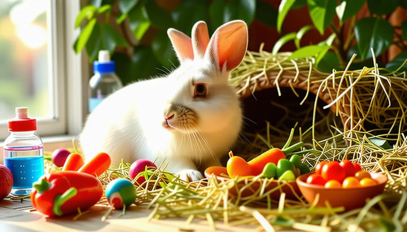 Lapin domestique dans son enclos, près d'un râtelier à foin et d'une gamelle