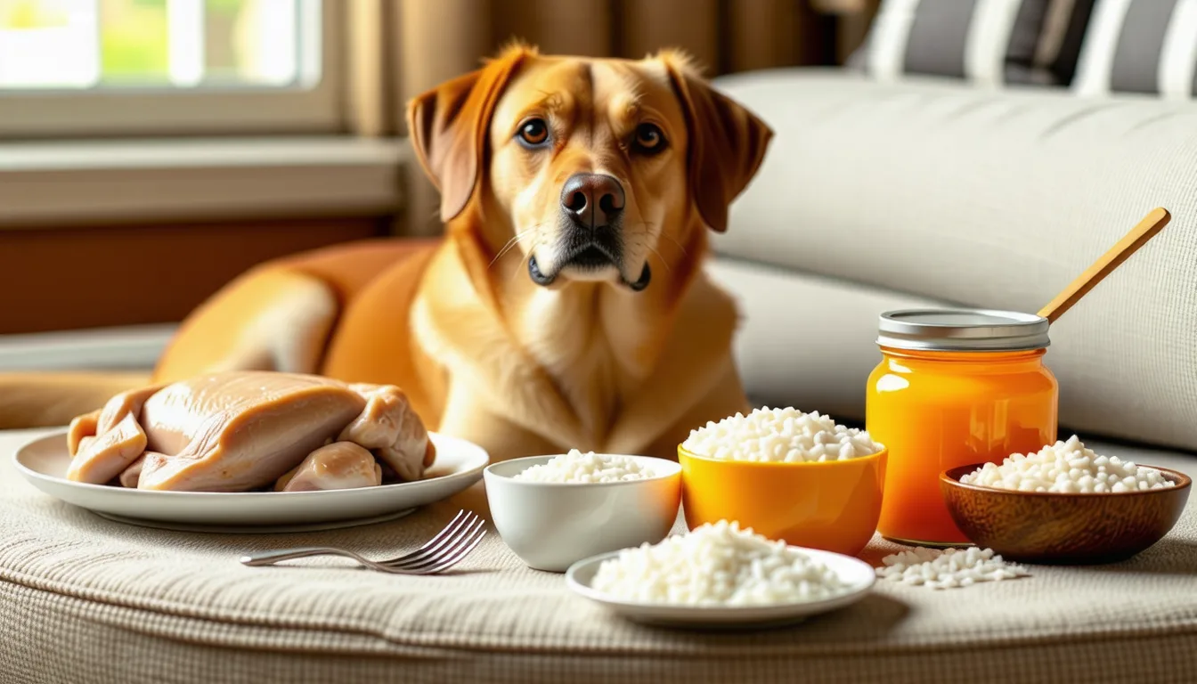 Chien couché sur un parquet, museau posé entre les pattes, le regard fatigué