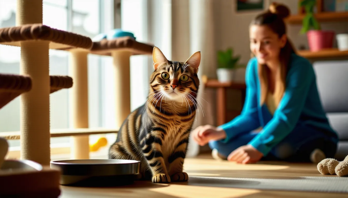 Chat roux couché sur un rebord de fenêtre, gamelle et jouets posés au sol