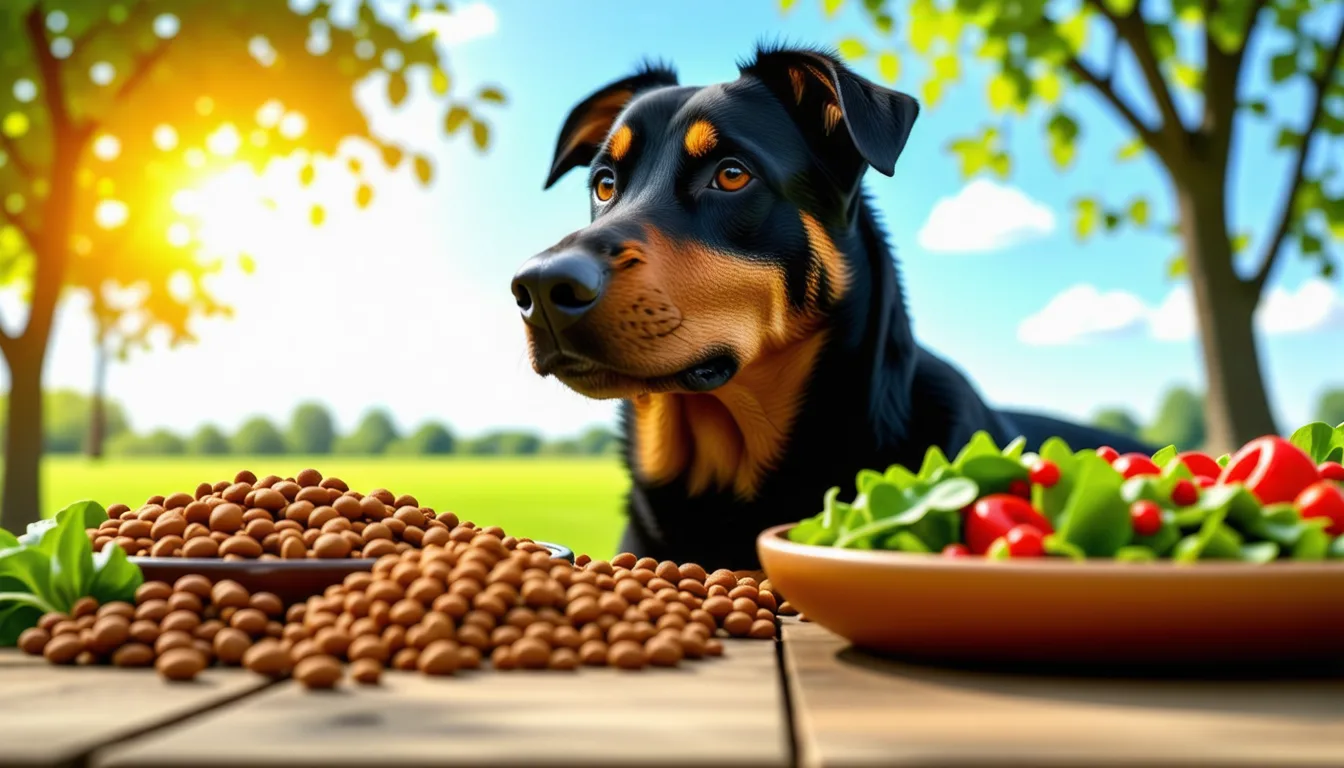 Beauceron noir et feu debout dans l'herbe, tête tournée vers l'objectif