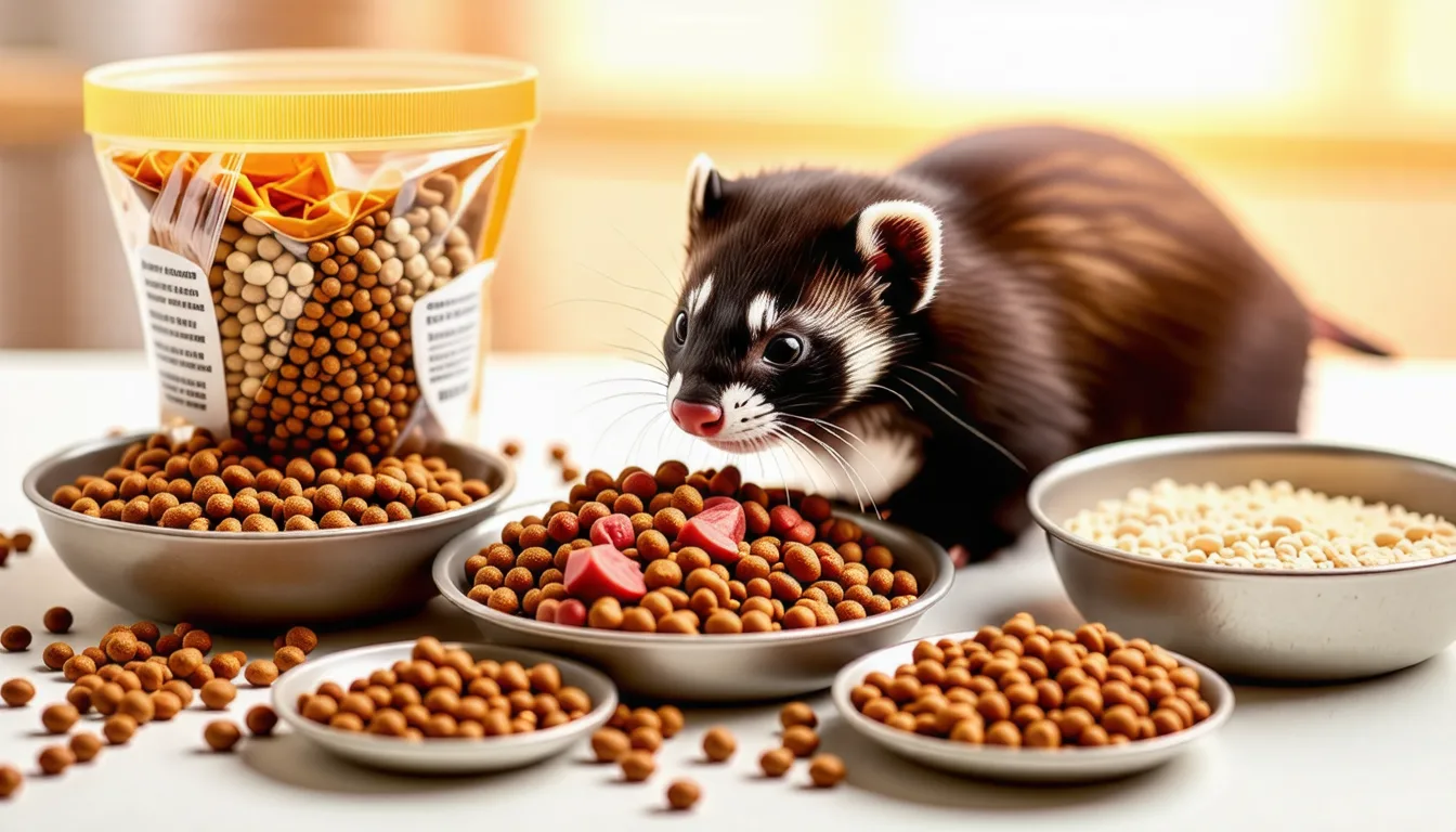 Furet brun et crème qui mange dans une gamelle posée au sol
