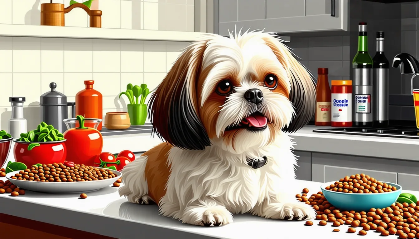 Shih Tzu au poil long attendant devant une gamelle posée au sol