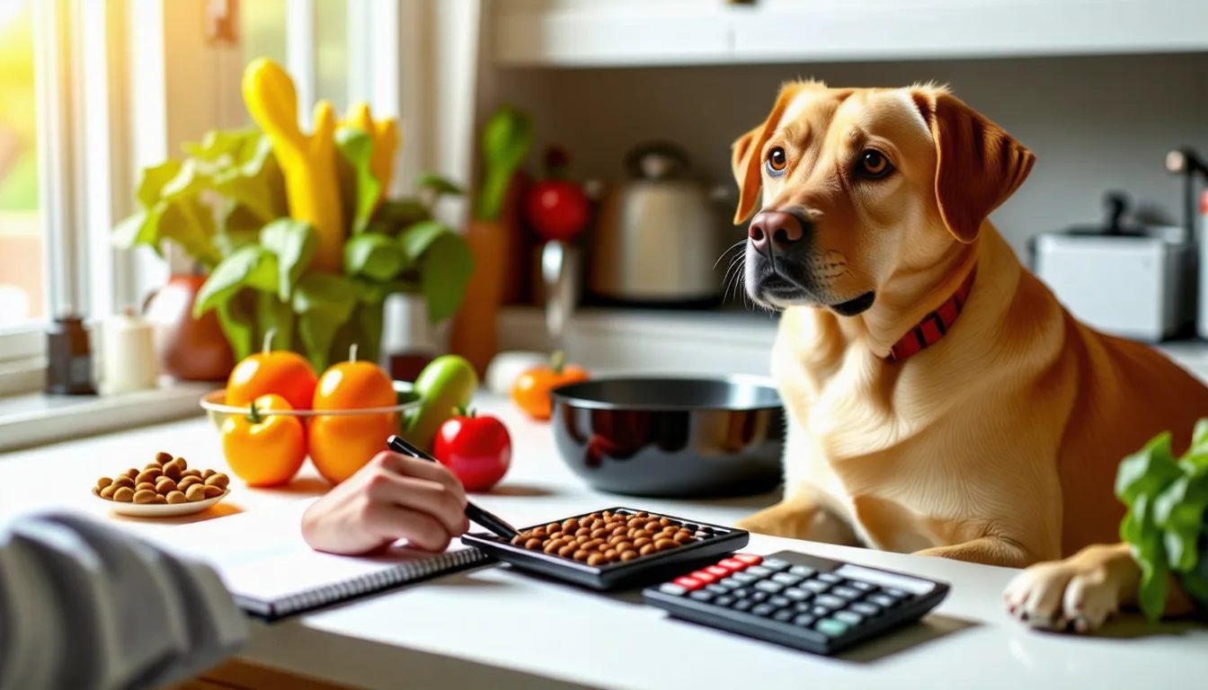 Balance de cuisine, bol de croquettes et carnet servant à peser la ration d'un chien