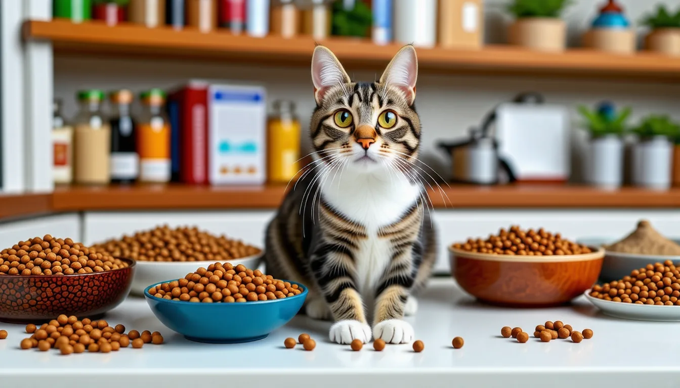 Chat adulte devant sa gamelle de croquettes posée au sol