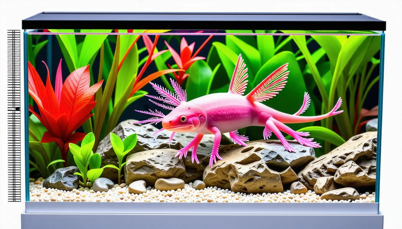 Axolotl blanc aux branchies roses posé sur le sable au fond de l'aquarium