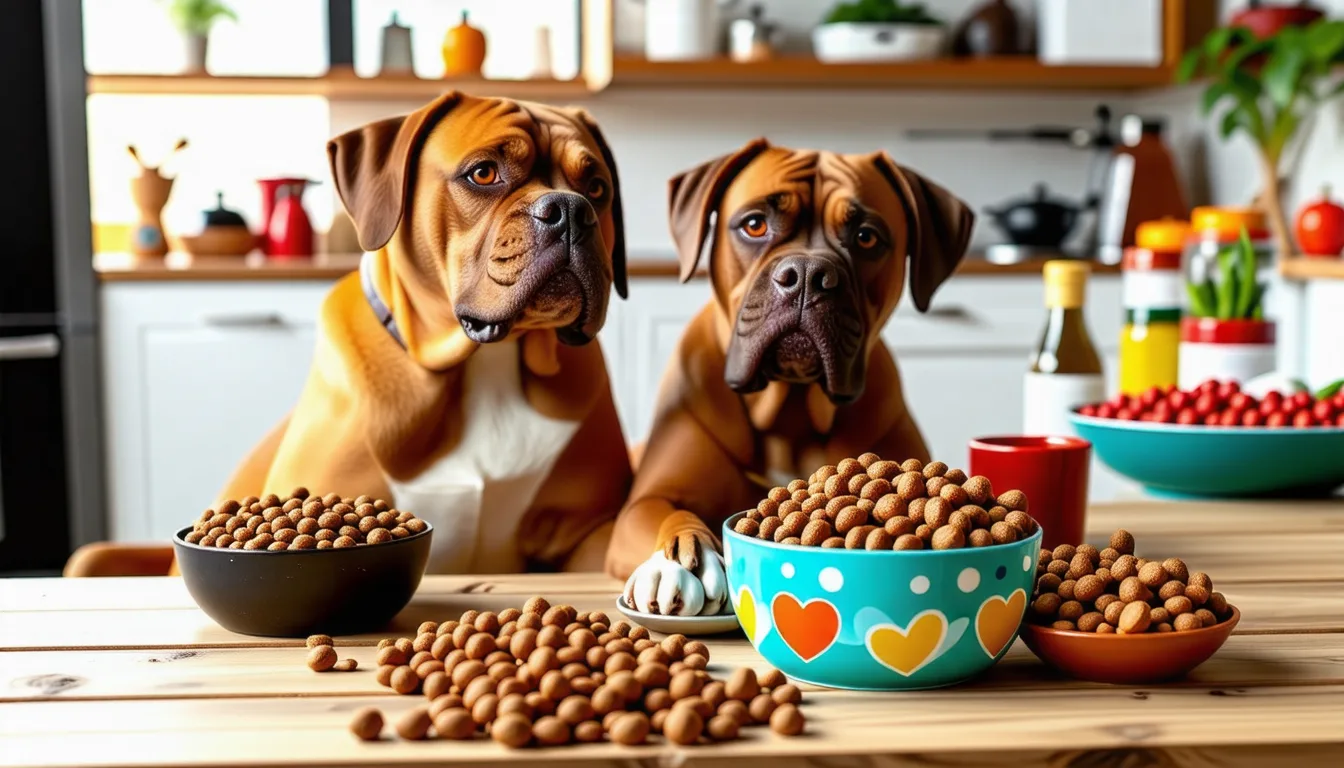 Dogue de Bordeaux adulte fauve devant sa gamelle posée au sol