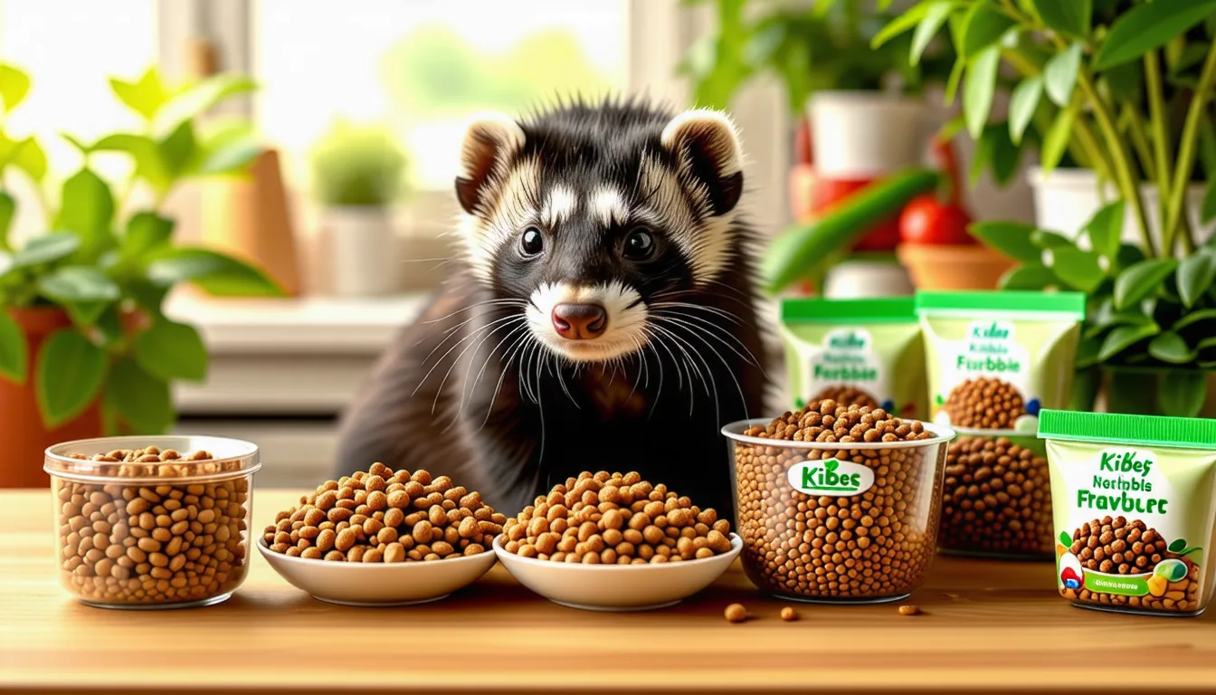 Furet brun et blanc penché au-dessus de sa gamelle de croquettes