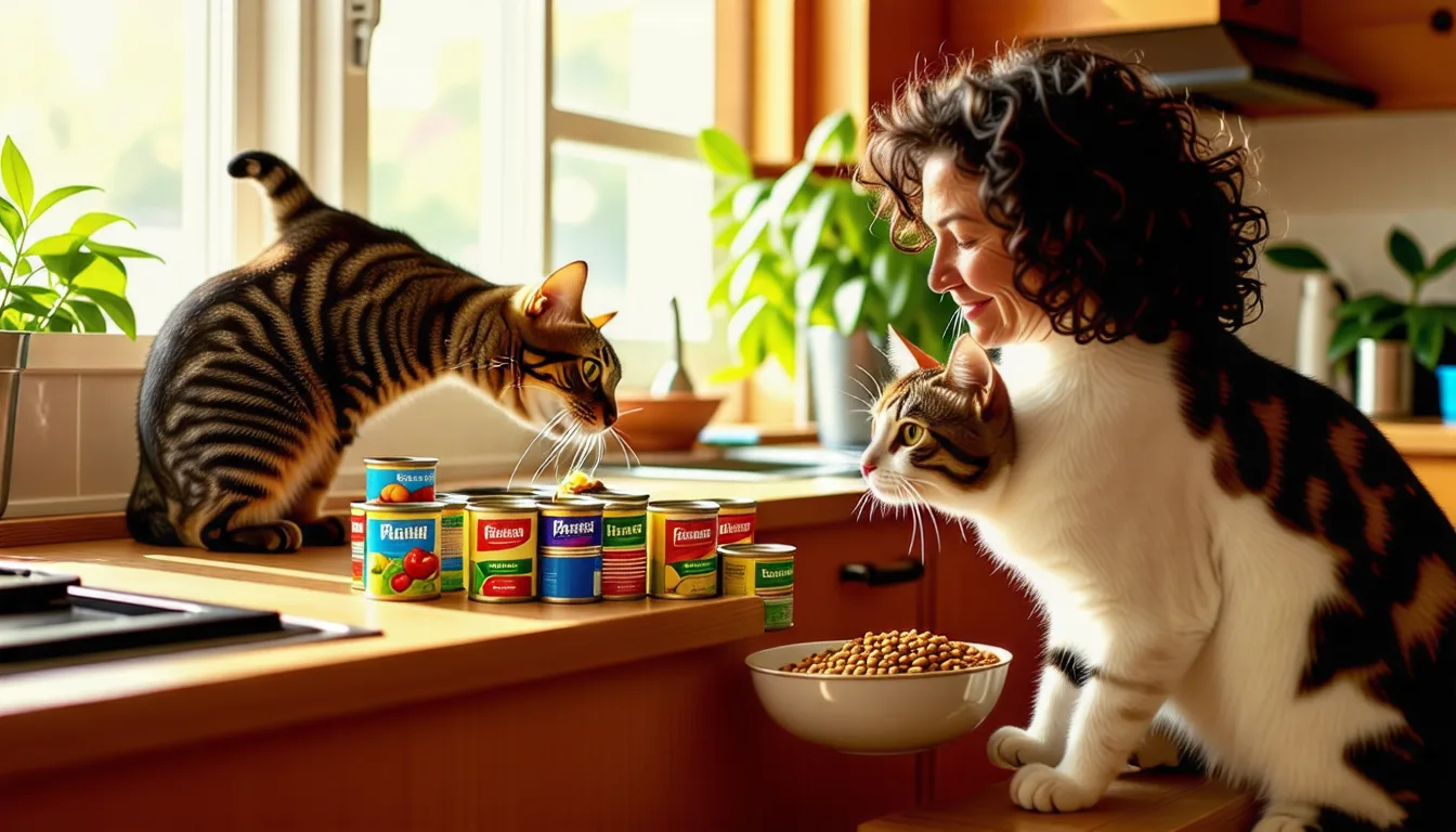 Chat tigré attablé devant une gamelle de pâtée dans une cuisine