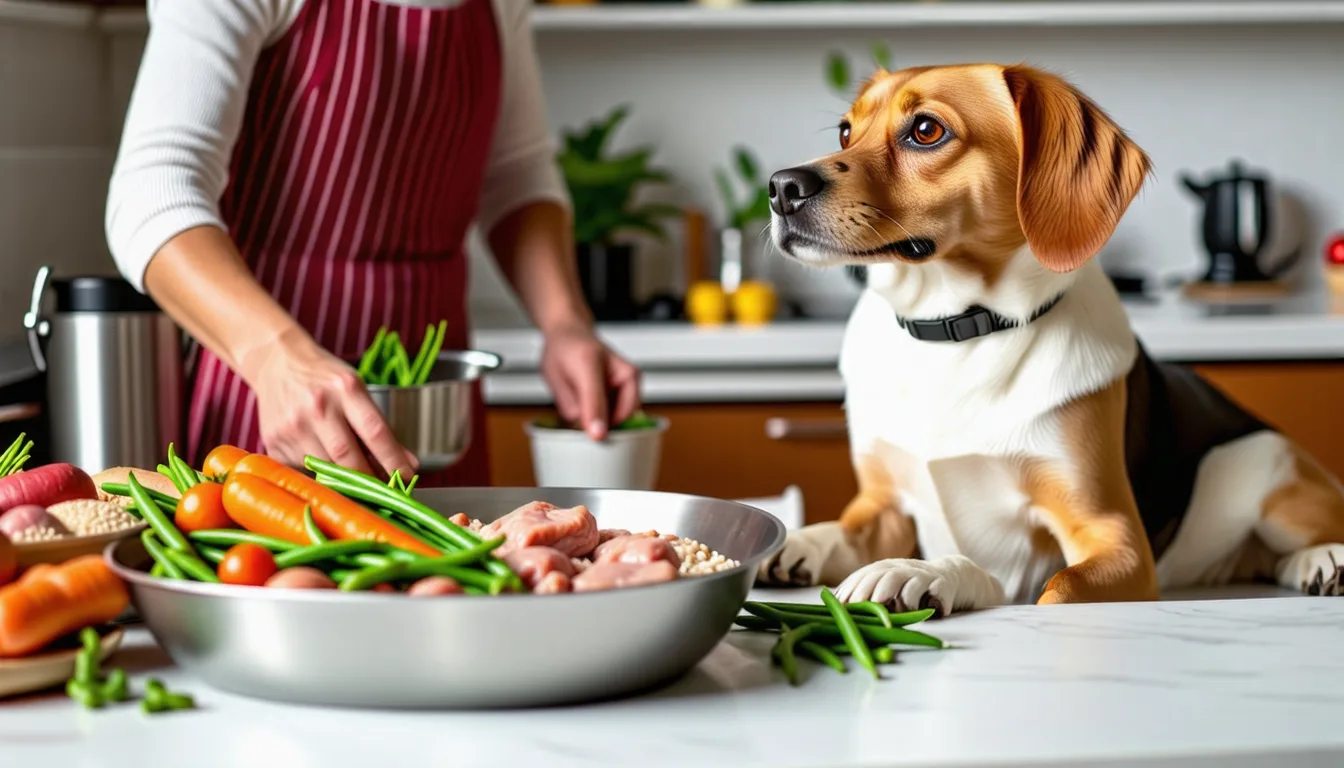 Gamelle de viande blanche, patate douce et courgette posée près d'un chien attentif