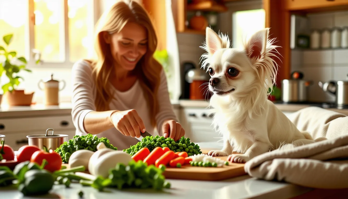 Petit chihuahua fauve assis devant une gamelle de nourriture maison