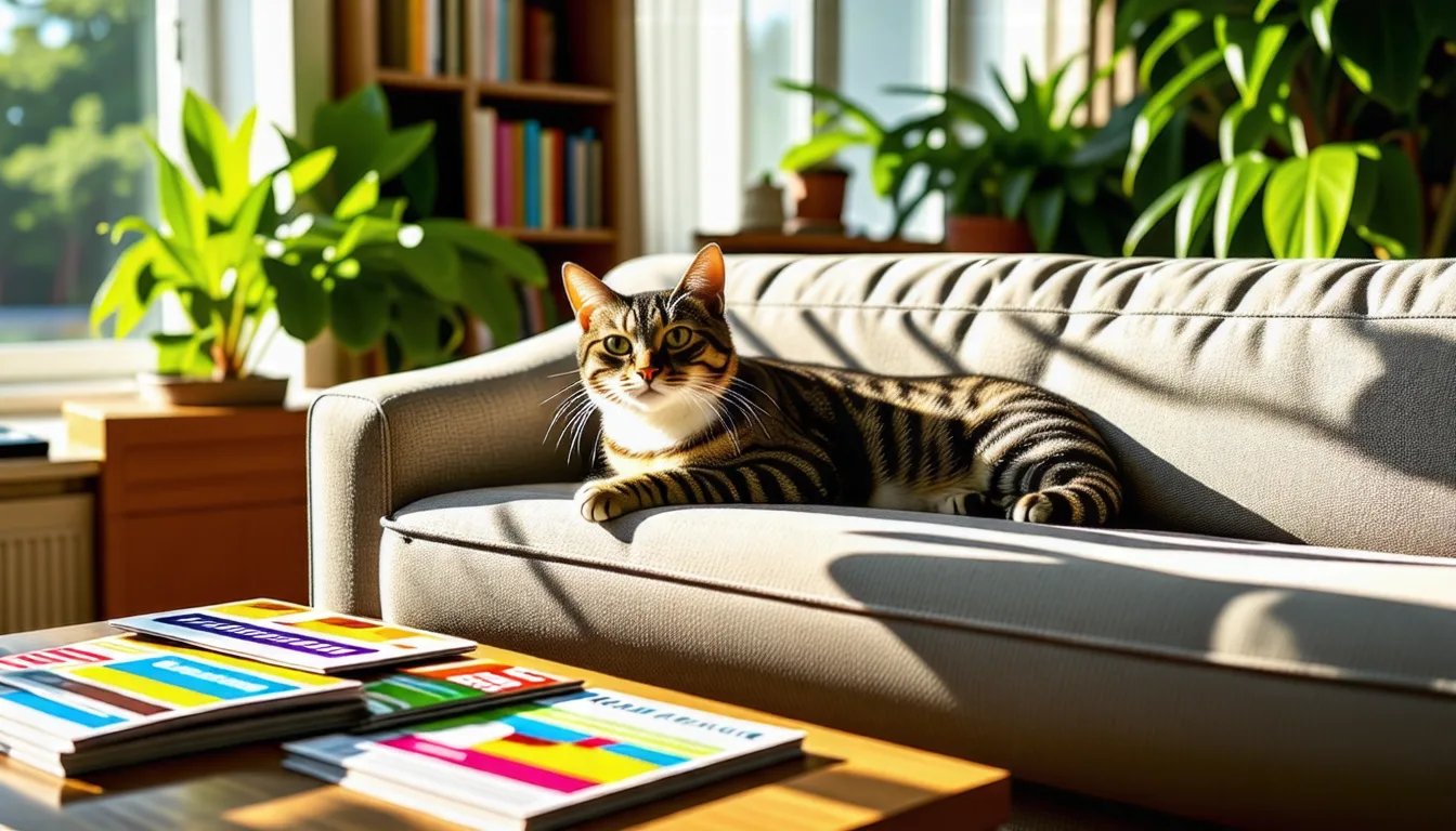 Chat tigré assis près d'un carnet de santé et d'une calculatrice, sur une table claire