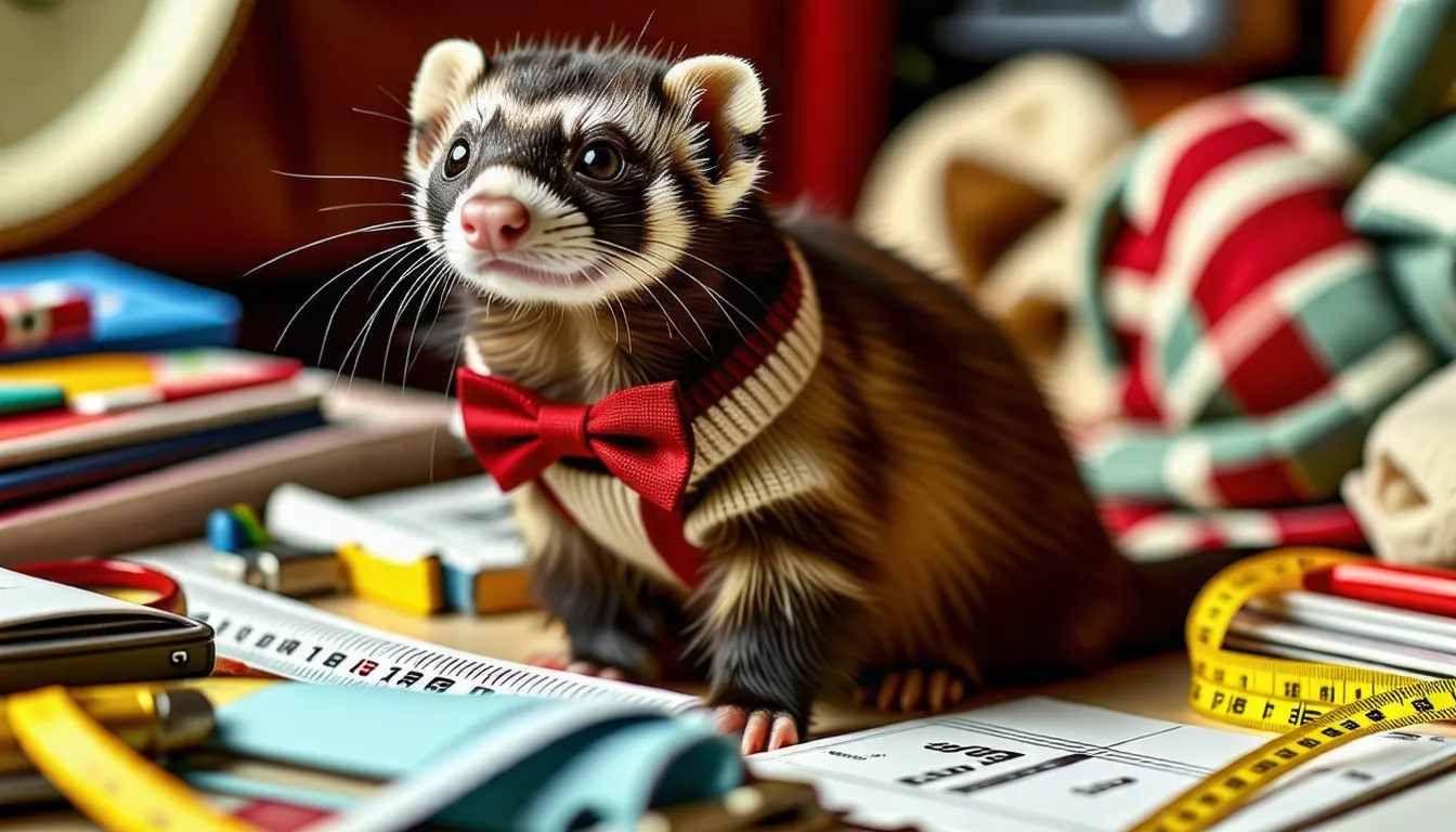 Furet portant un petit pull tricoté, assis sur une couverture