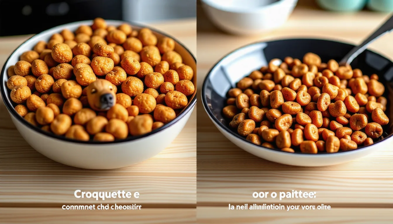 Deux gamelles côte à côte, l'une remplie de croquettes, l'autre de pâtée