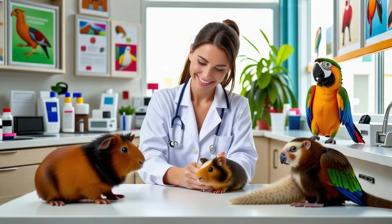Vétérinaire examinant un lapin nain sur une table de consultation