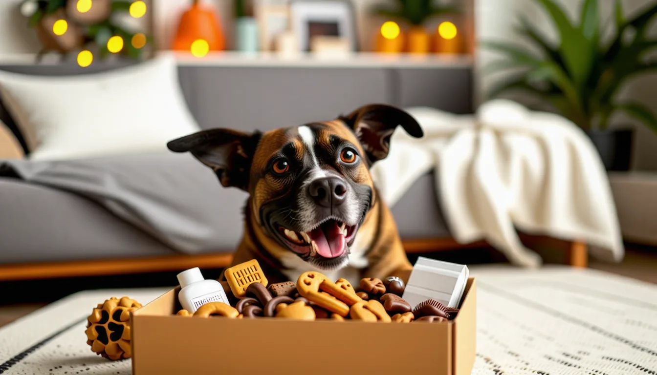 Chien devant une boîte en carton ouverte contenant jouets et friandises