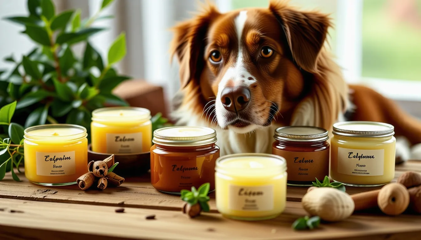 Main appliquant un baume sur la truffe d'un chien au poil clair