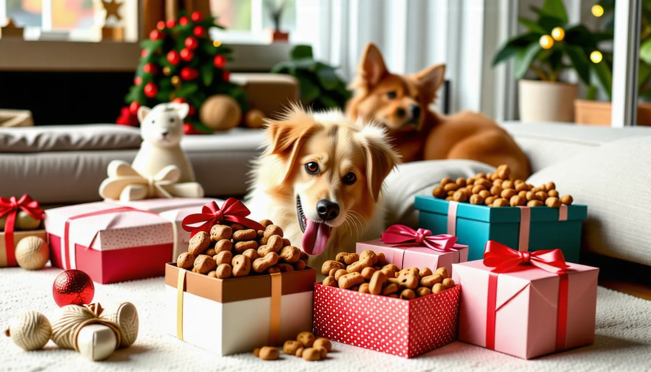 Chien couché à côté d'une boîte cadeau remplie de jouets et de friandises