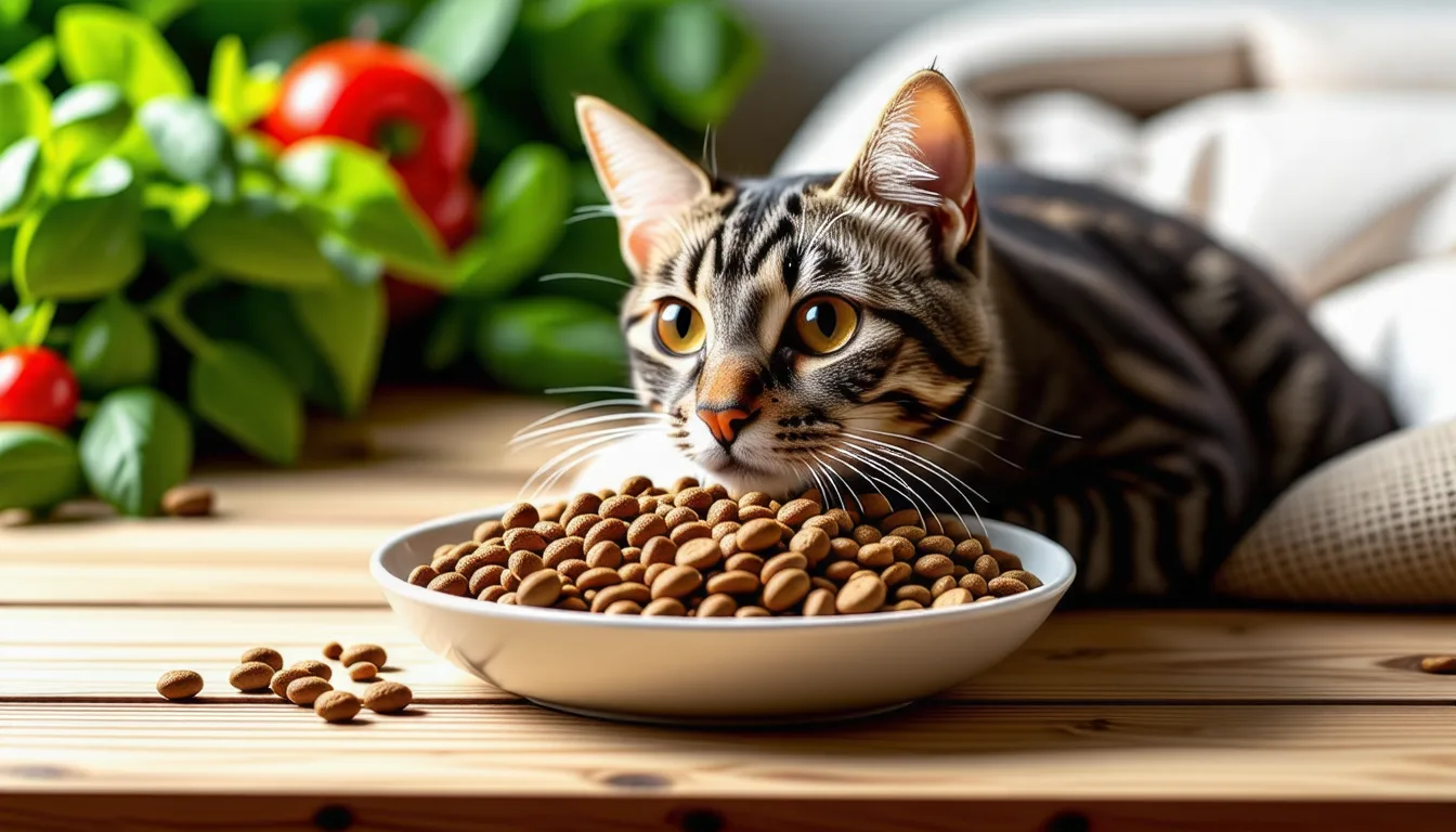 Chat roux stérilisé penché sur un bol de croquettes
