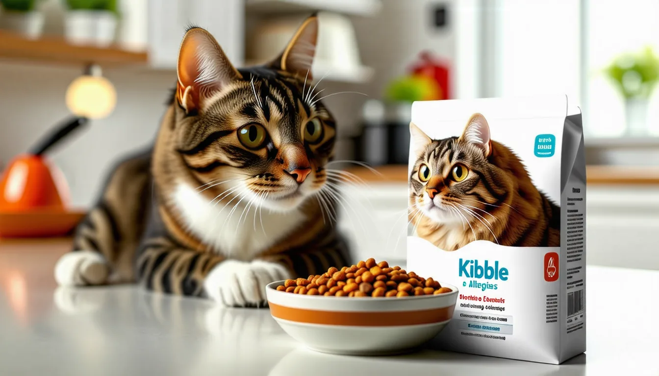 Chat tigré assis devant une gamelle de croquettes, vu de profil