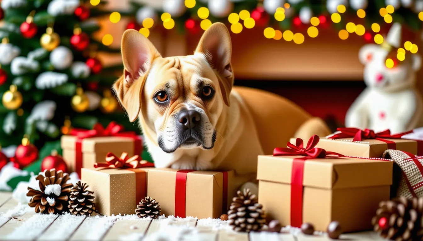 Chien couché près d'un sapin décoré, entouré de jouets et de friandises emballées