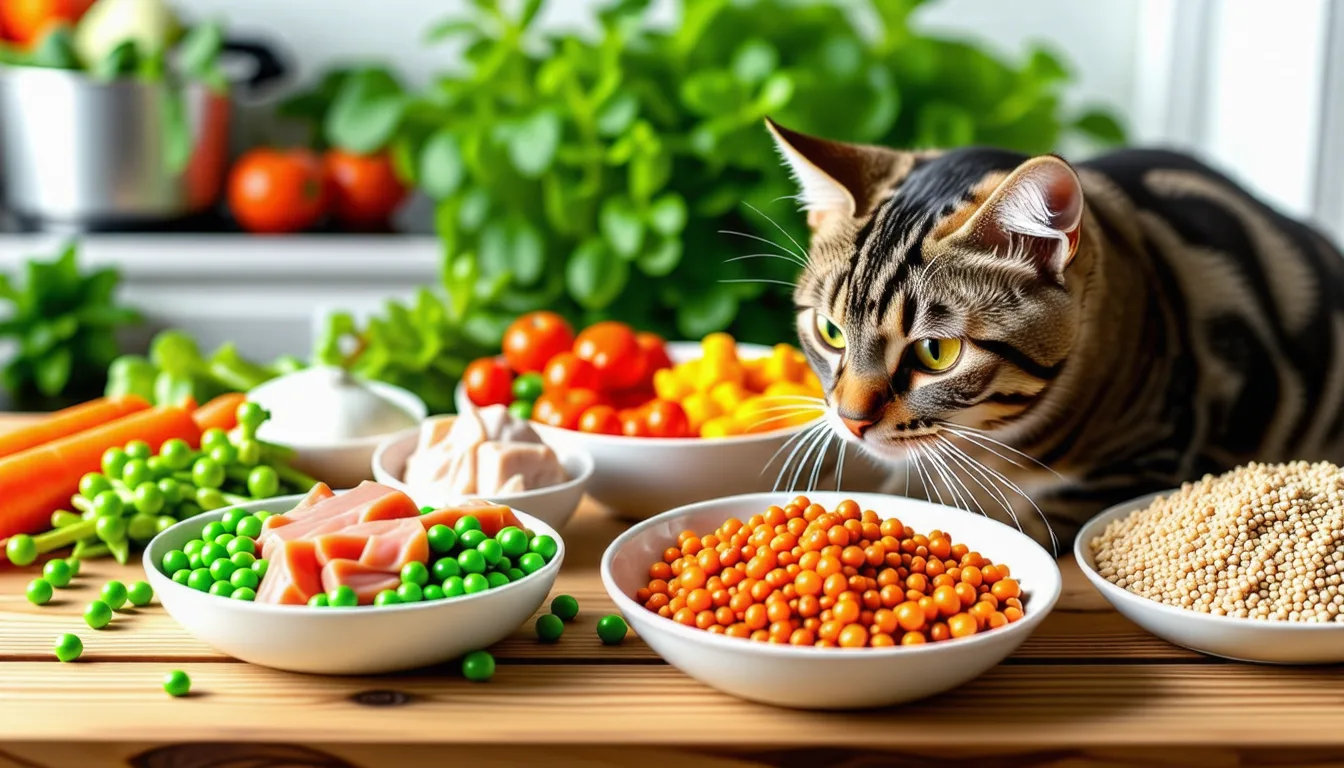 Chat roux devant plusieurs gamelles contenant pâtée, viande fraîche et croquettes