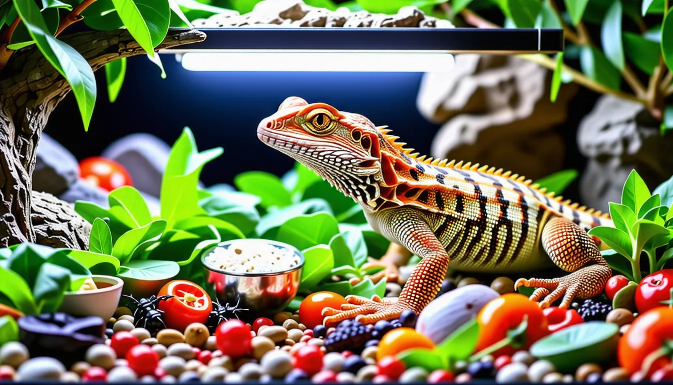 Dragon barbu adulte posé sur une branche dans son terrarium, gueule entrouverte