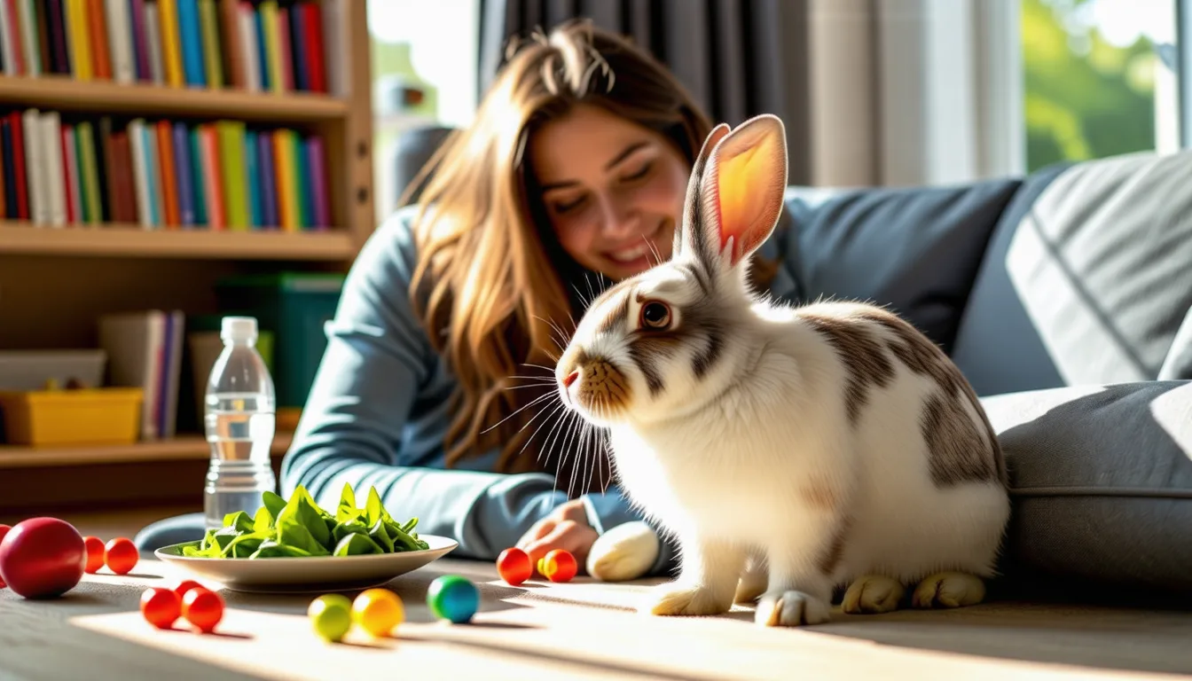 Lapin nain brun allongé sur le flanc dans un intérieur, oreilles détendues