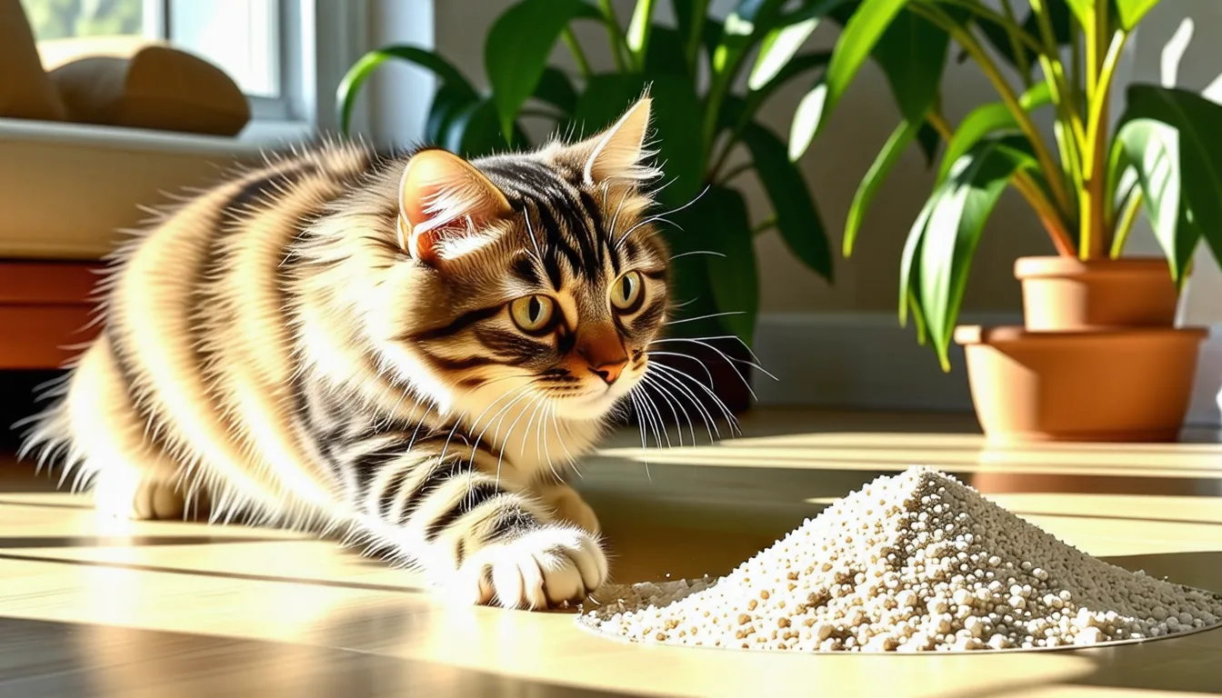 Chat tigré couché sur un panier en tissu, à côté d'un pot de poudre blanche