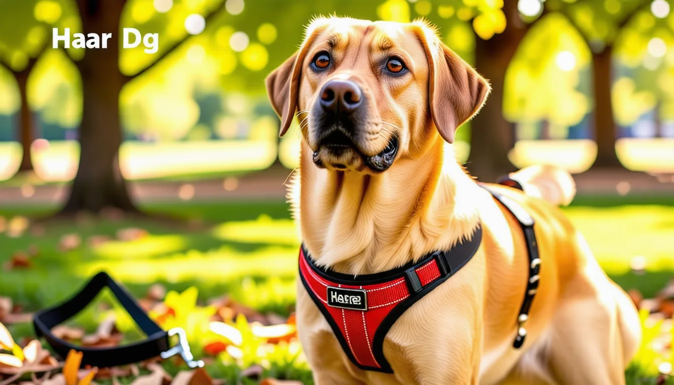 Chien de taille moyenne portant un harnais sangle ajusté sur le poitrail, vu de profil