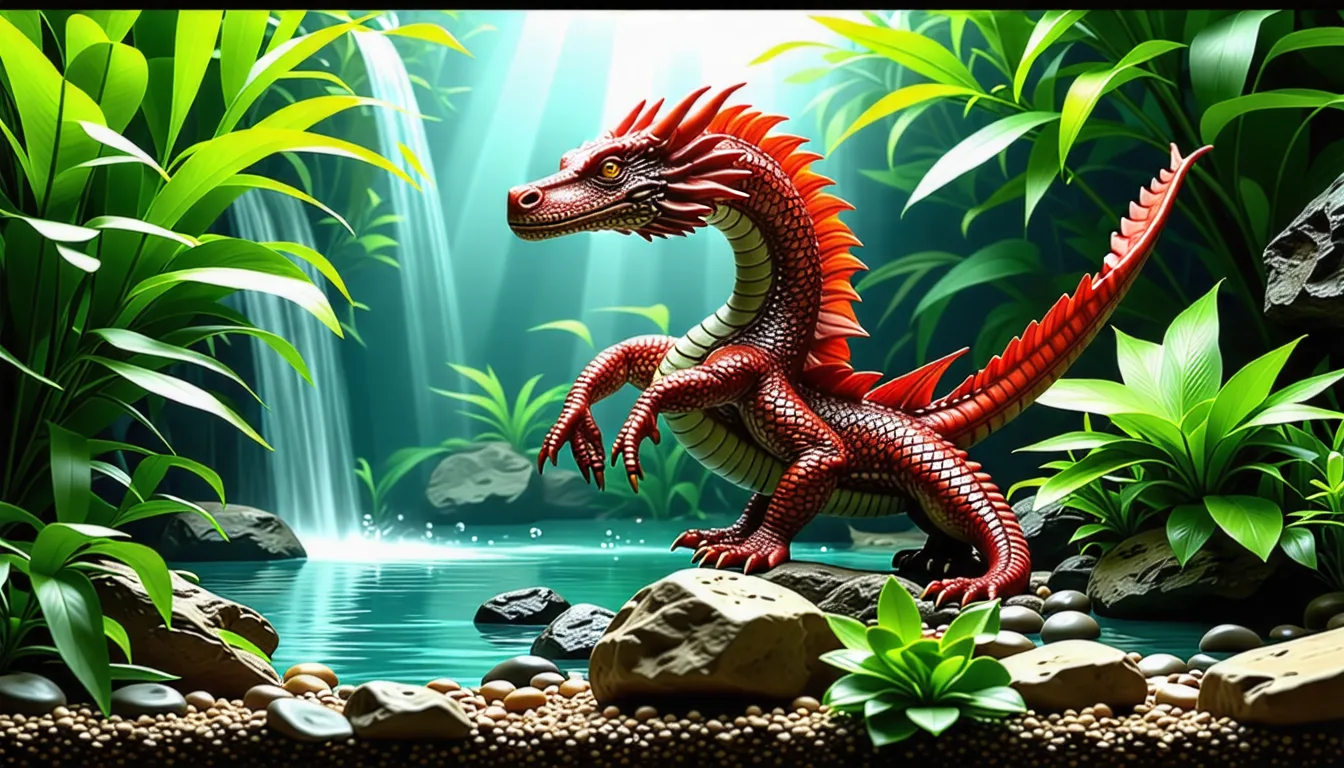 Dragon d'eau vert agrippé à une branche au-dessus d'un bassin dans un terrarium planté