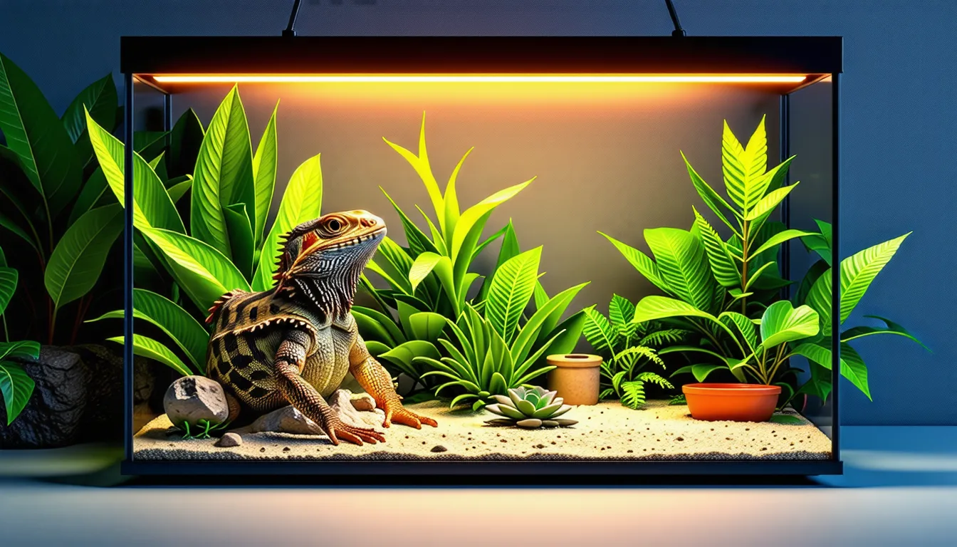 Pogona adulte posé sur une branche sous une lampe chauffante dans son terrarium