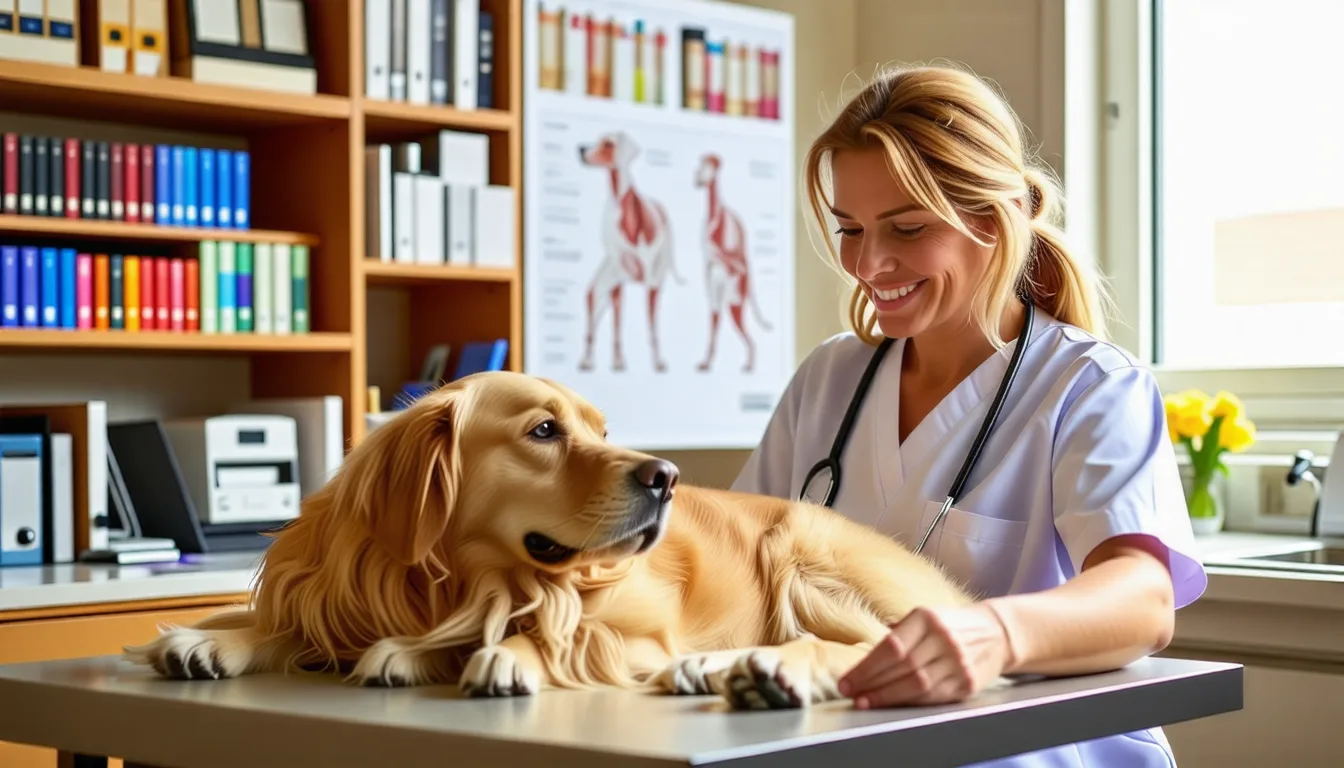 Chien couché sur le flanc pendant un examen de la zone anale par un vétérinaire