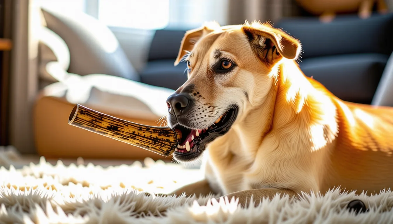 Chien couché sur un parquet en train de mâcher un morceau de corne