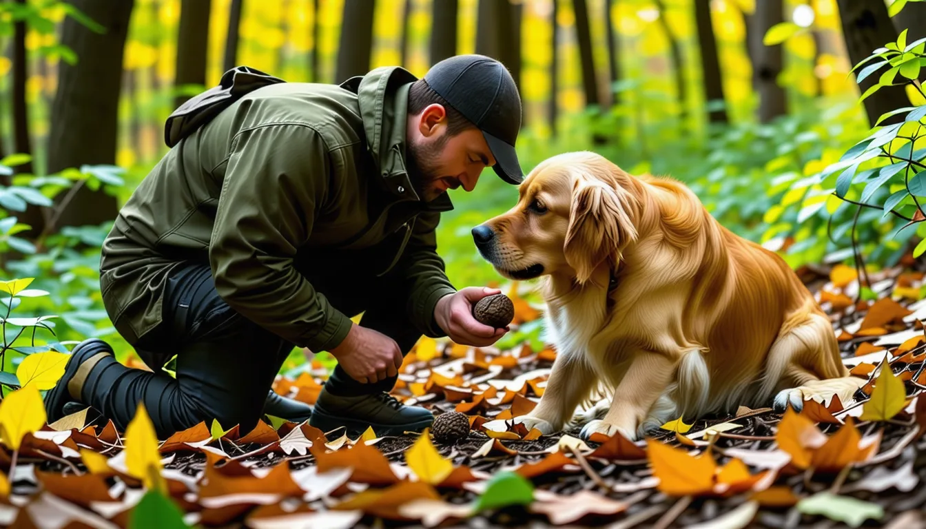 Gros plan sur le museau d'un chien en train de flairer le sol d'un sous-bois