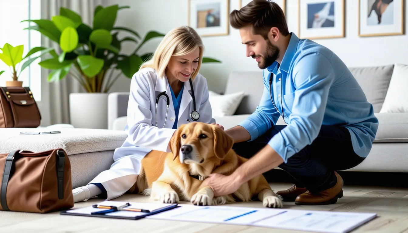 Vétérinaire agenouillé auprès d'un chien dans un salon, stéthoscope autour du cou