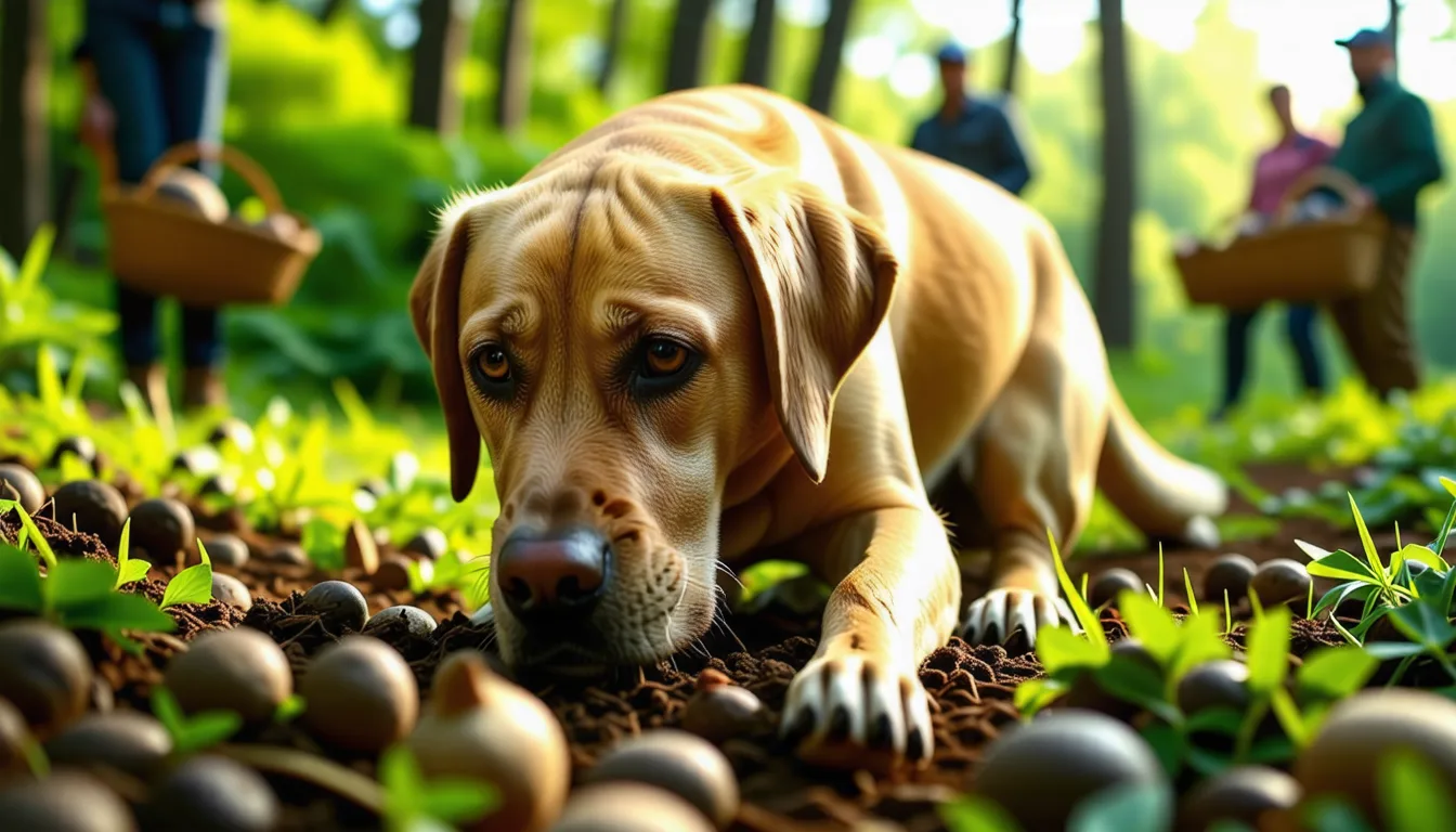 Chien blanc et roux museau au sol dans un sous-bois, en train de caver une truffe