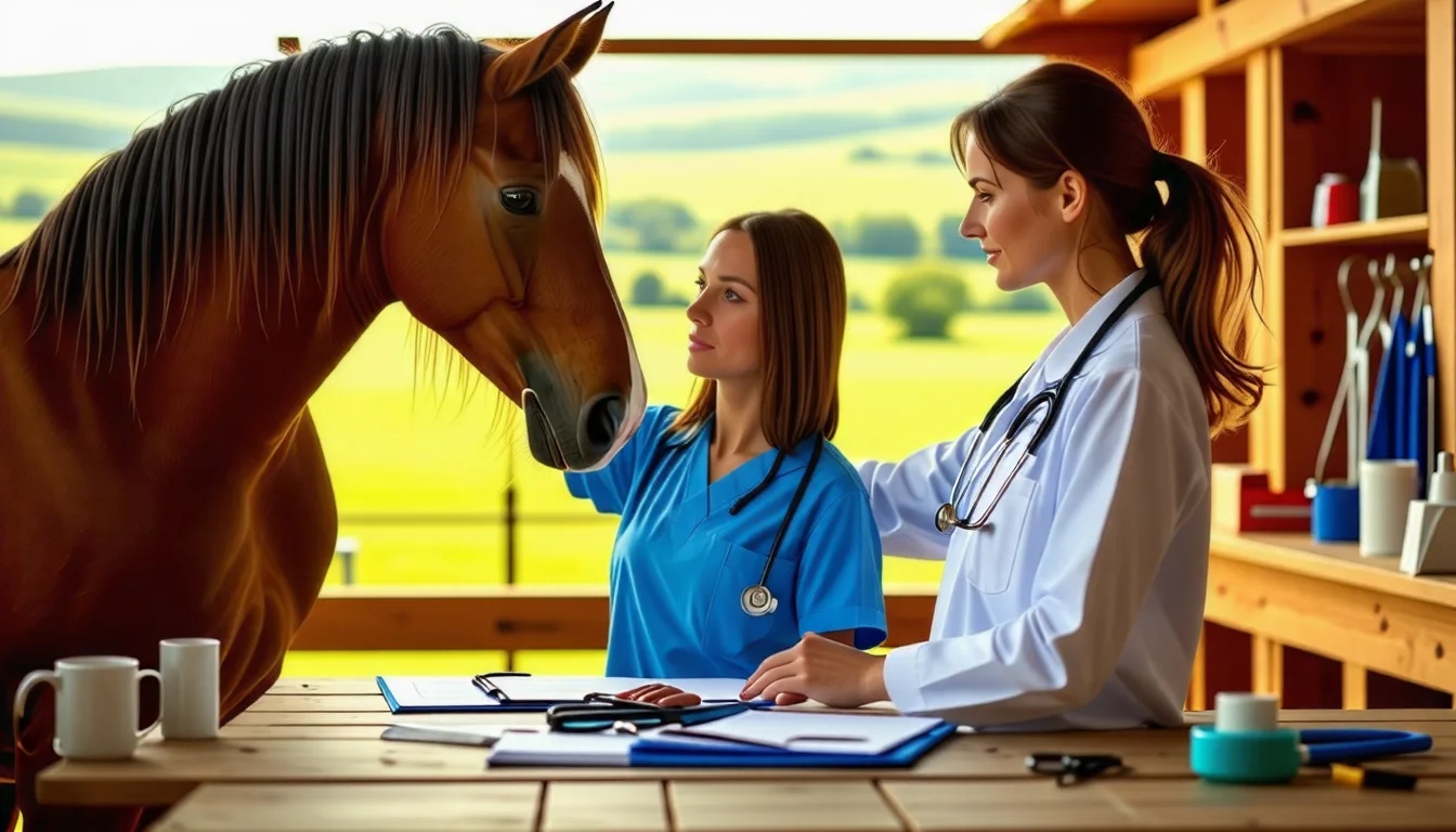 Un vétérinaire ausculte un cheval bai tenu en licol devant une écurie