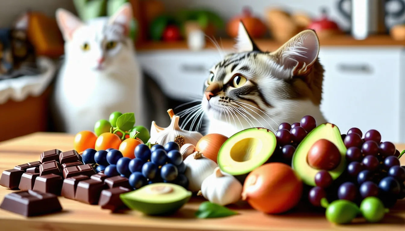 Chat tigré posant les pattes sur un plan de travail près de restes de repas