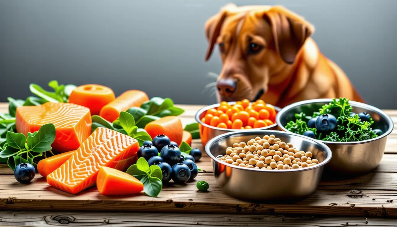 Chien au poil dense et brillant assis près de sa gamelle