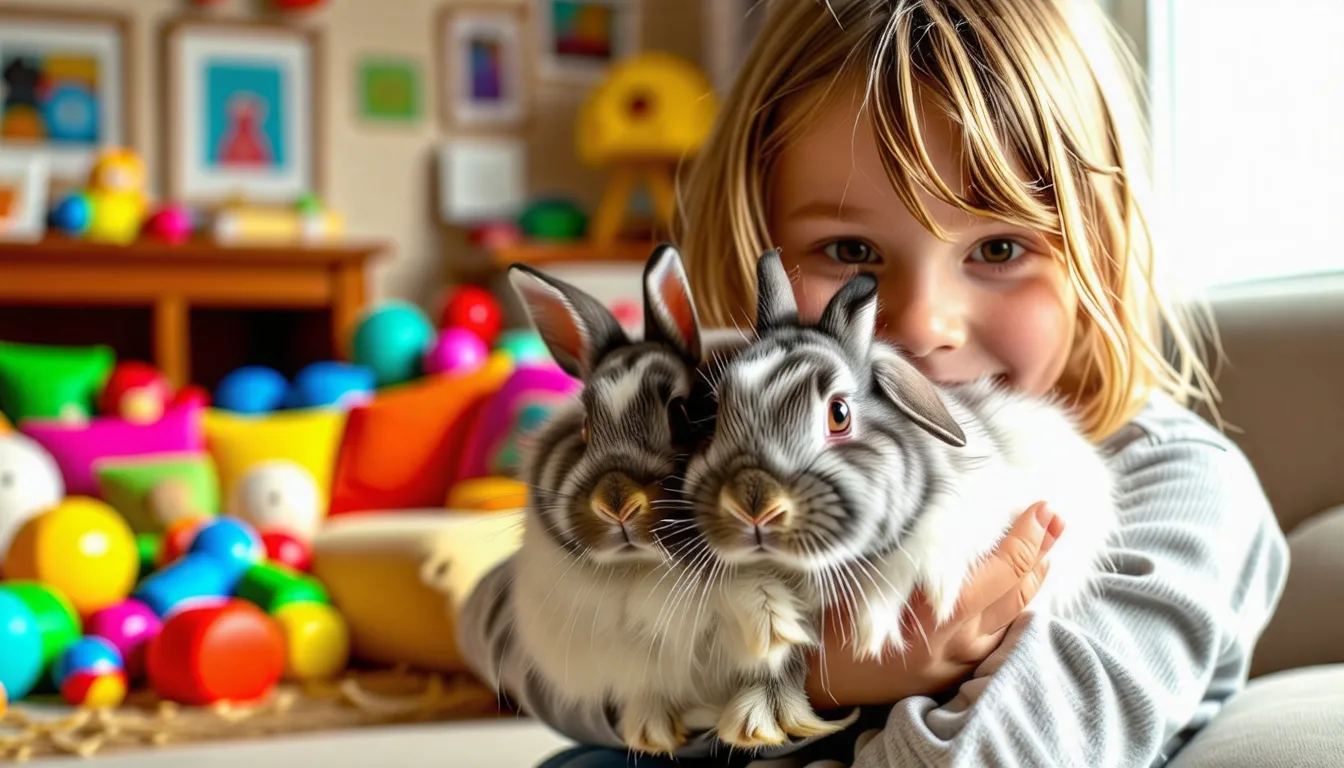 Lapin nain assis sur un tapis, observé par un enfant accroupi à sa hauteur