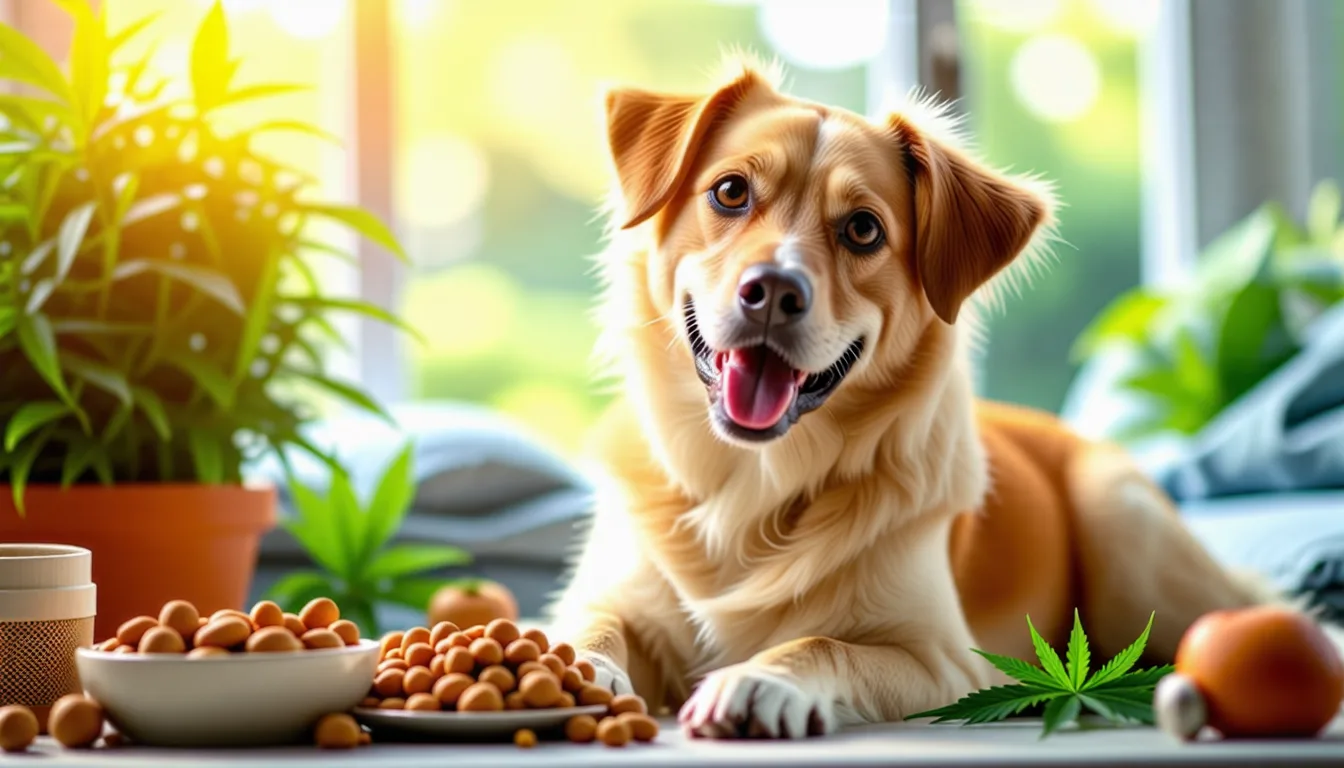 Chien couché sur un tapis, museau posé sur les pattes, près d'un flacon d'huile
