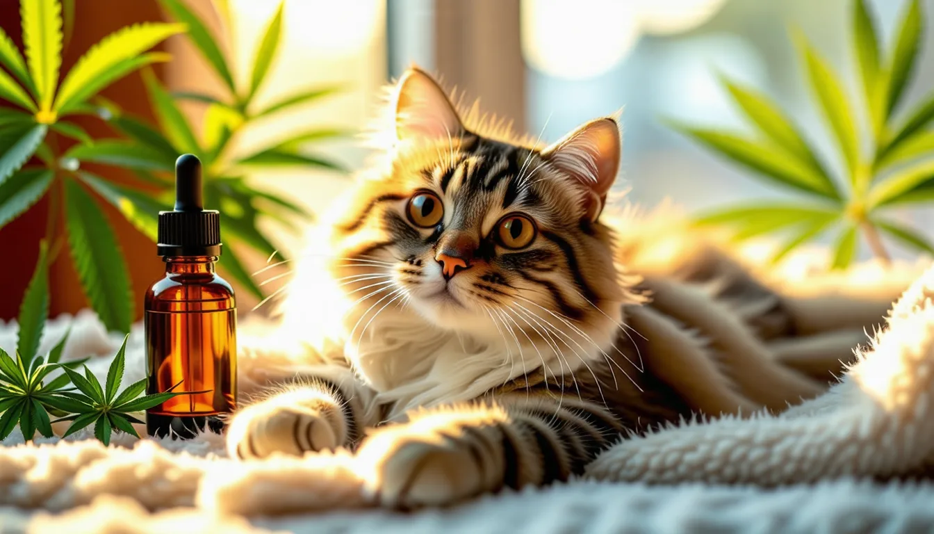 Chat roux allongé sur un plaid à côté d'un flacon compte-gouttes en verre ambré