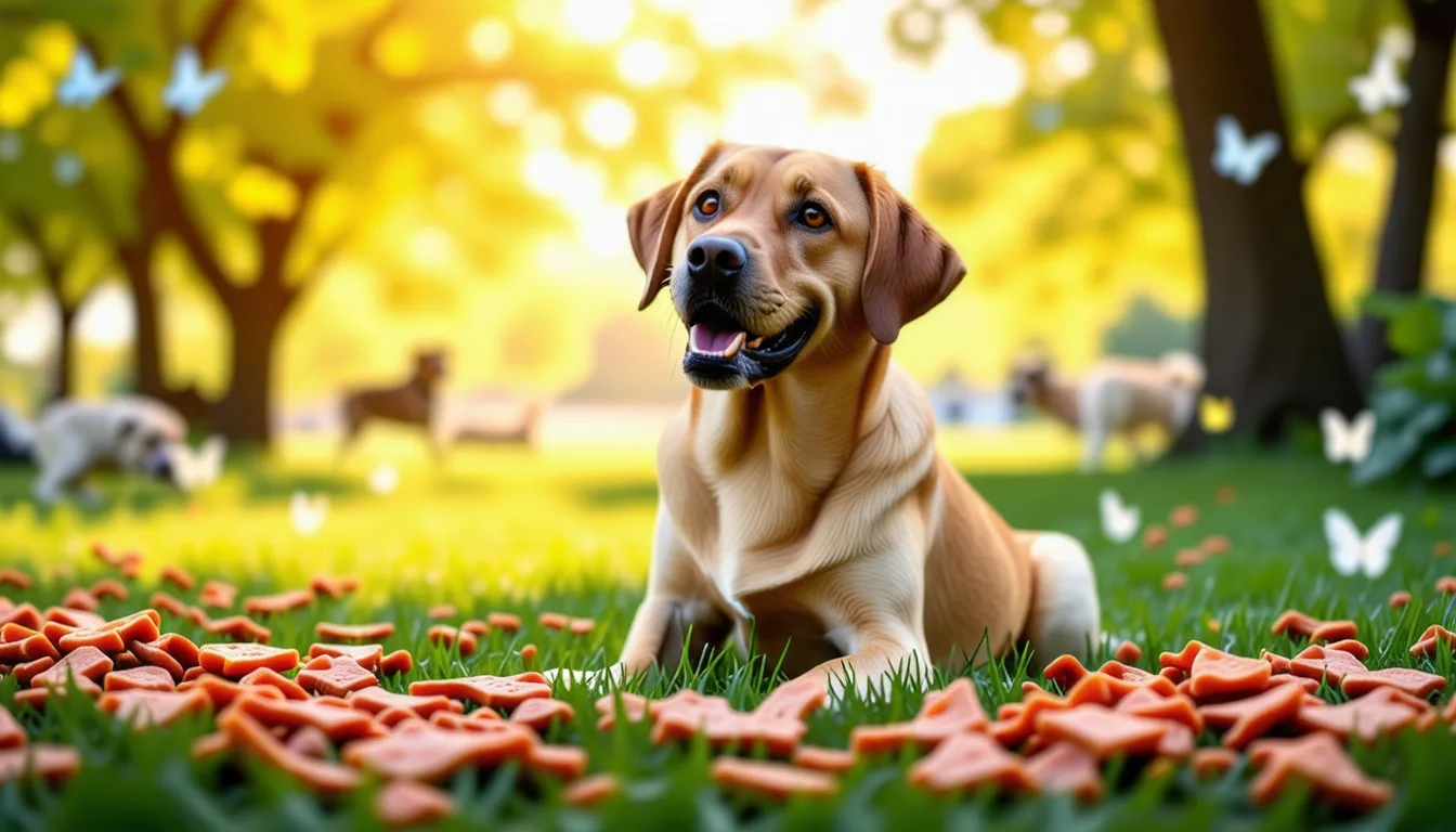 Morceaux de petits poissons séchés posés sur une table devant un chien attentif