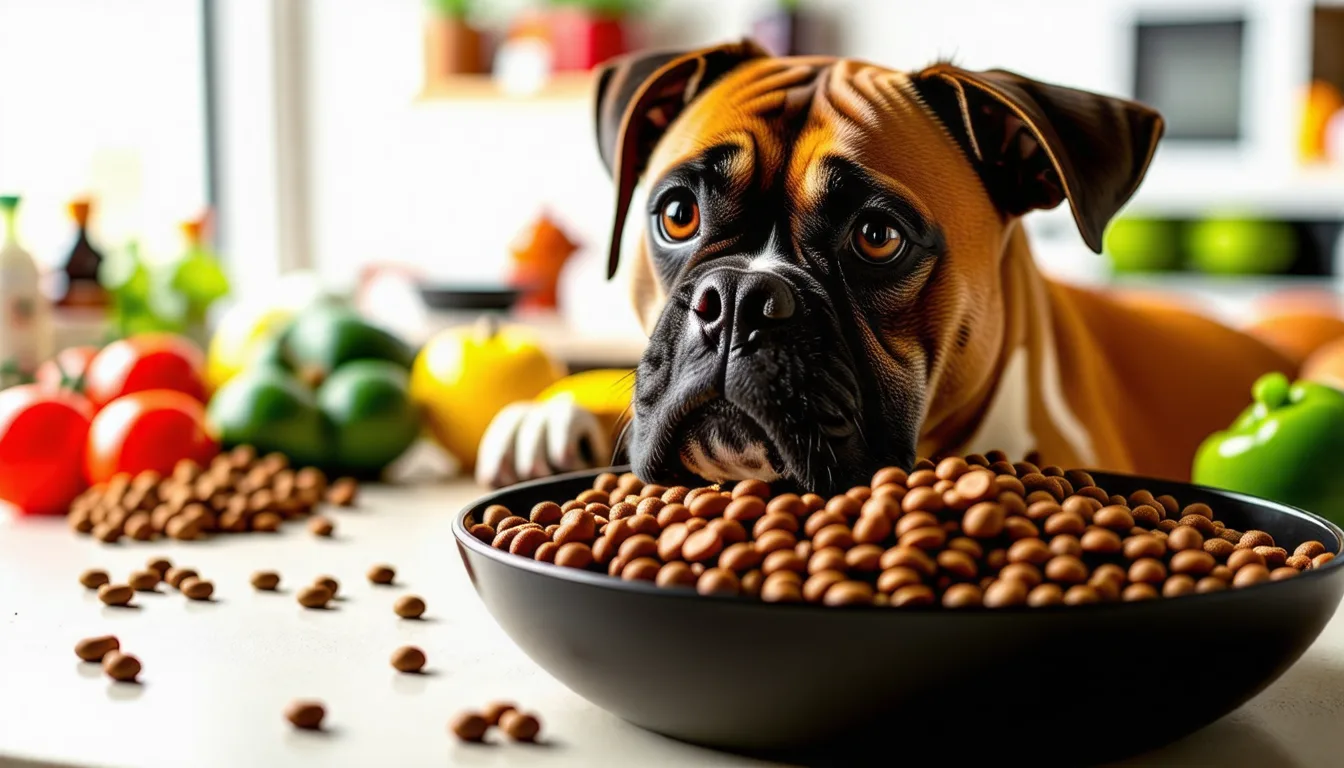 Boxer fauve au museau noir assis devant une gamelle de croquettes