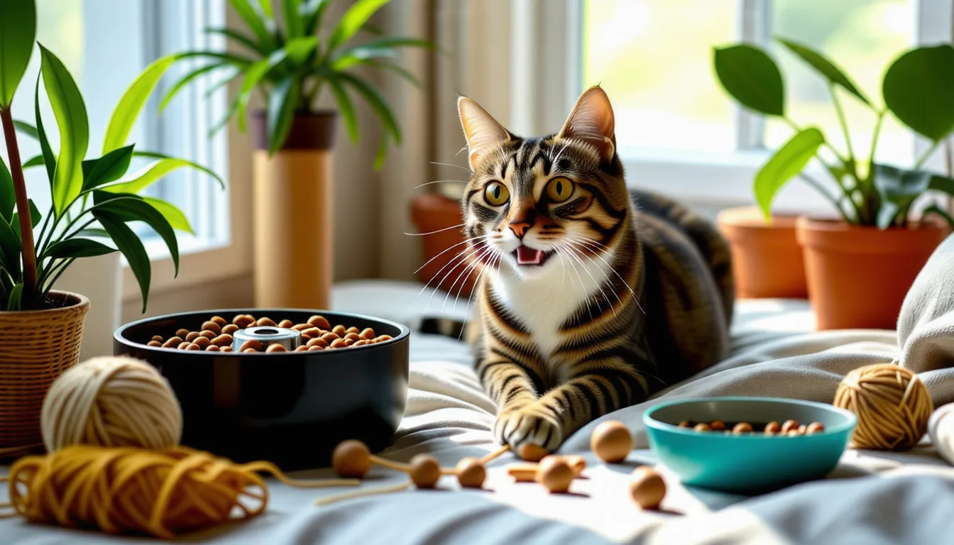 Chat gris installé sur une plateforme d'arbre à chat près d'une gamelle